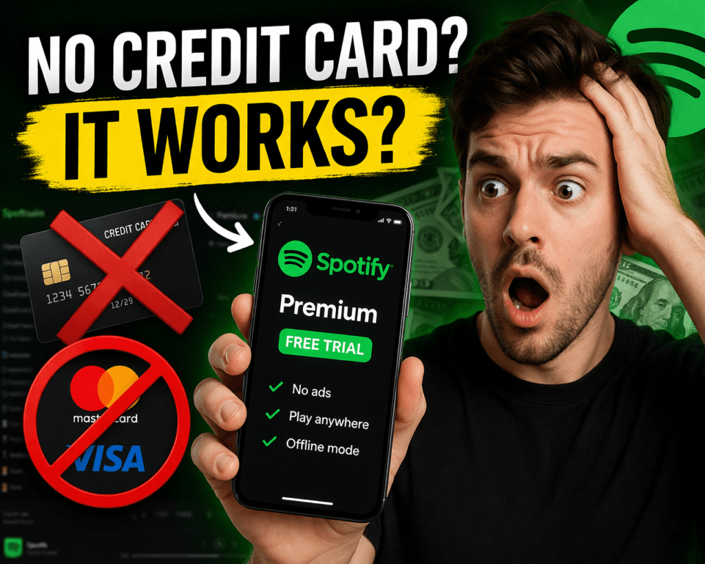 Person confused about getting Spotify Premium without a credit card with app screen and warning symbols