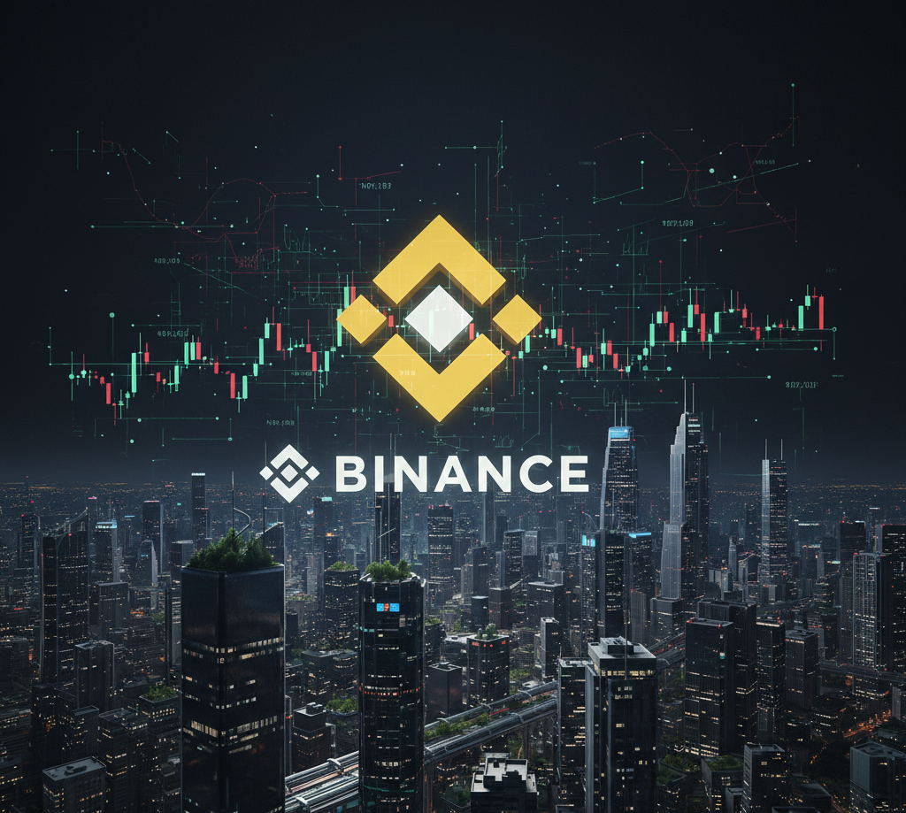 Binance logo over a futuristic U.S. city skyline representing crypto market trends and innovation in 2026
