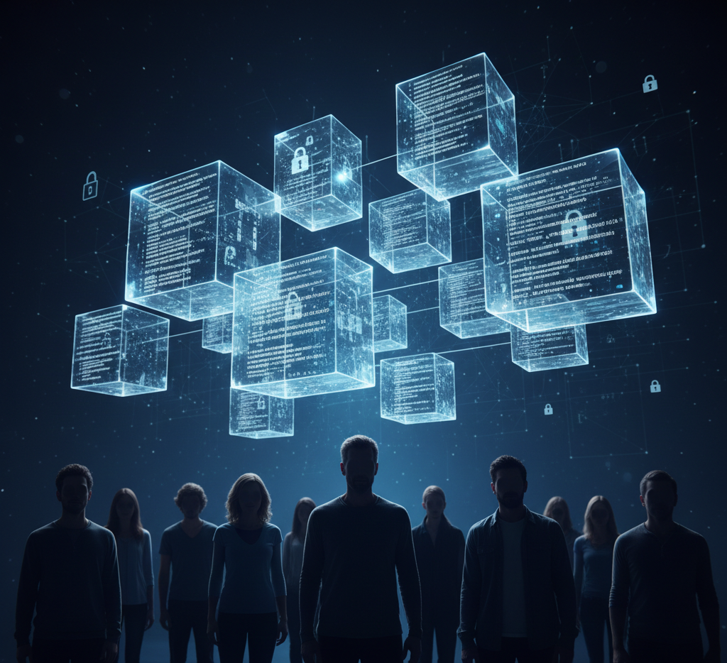 Public blockchain ledger displaying transaction data secured by cryptographic locks, showing how user identities remain protected on a transparent network.
