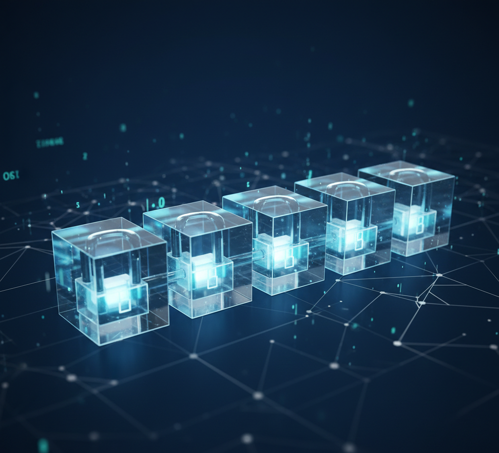 Illustration showing how a block of data becomes locked on a blockchain through cryptographic linking and network confirmation