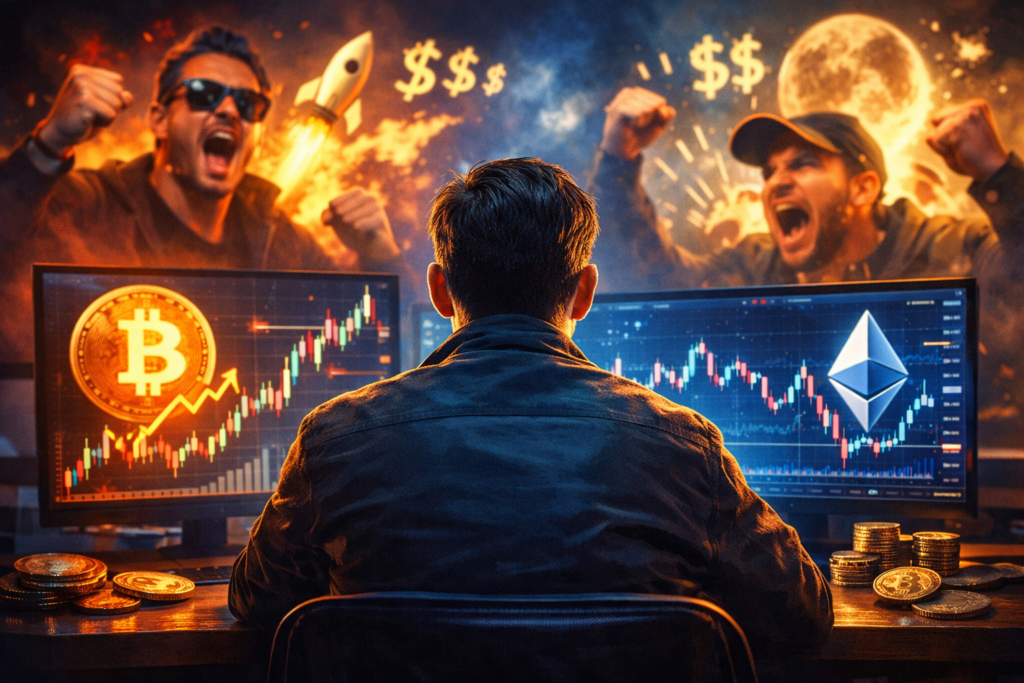 A calm crypto investor watching market charts while chaotic influencer hype fades into the background, symbolizing clarity over speculation in crypto investing.