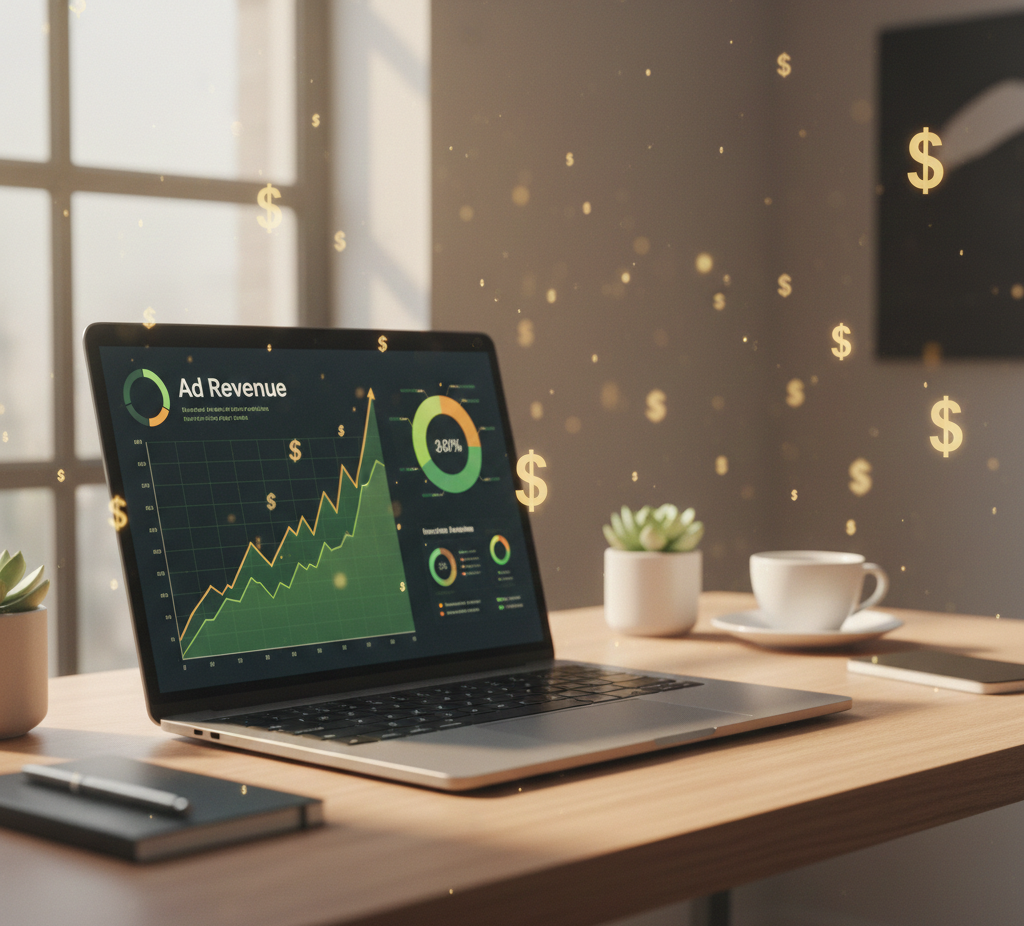 Finance blogging workspace showing AdSense revenue growth and high RPM advertising concept