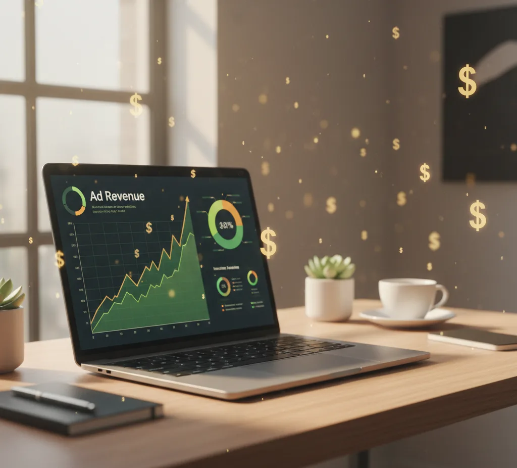 Finance blogging workspace showing AdSense revenue growth and high RPM advertising concept