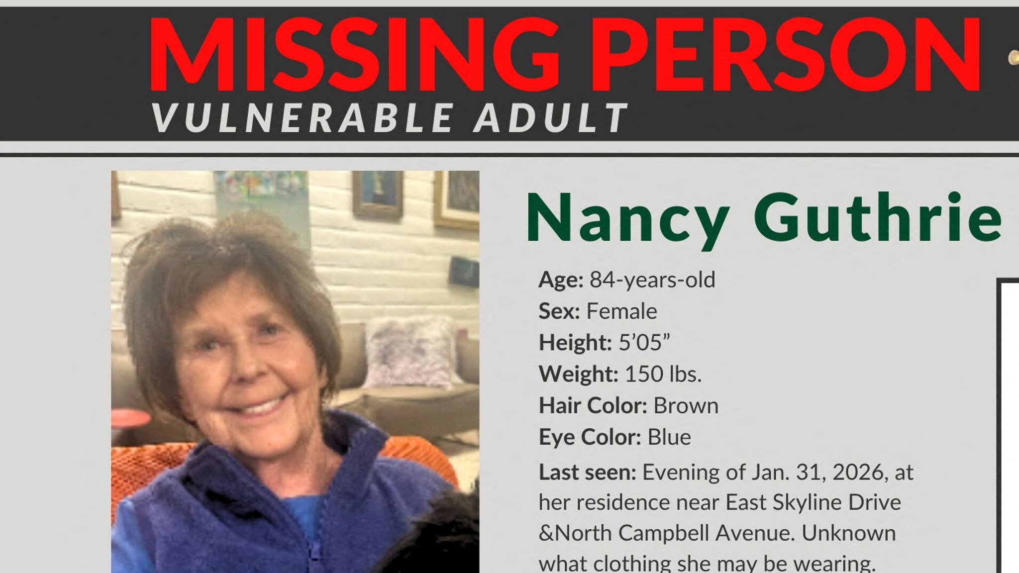 Nancy Guthrie, 84, reported missing from her Tucson, Arizona home as investigation continues