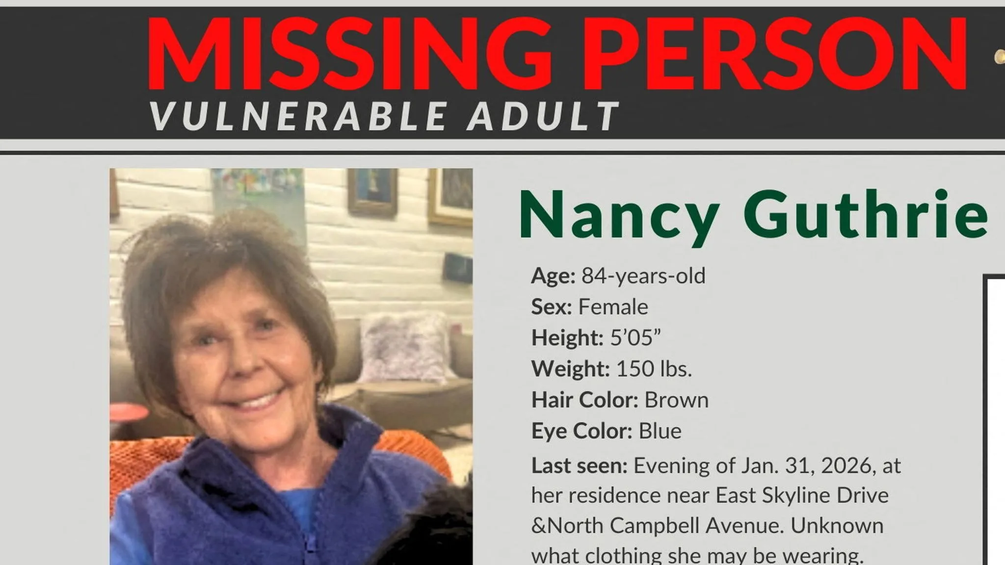 Nancy Guthrie, 84, reported missing from her Tucson, Arizona home as investigation continues