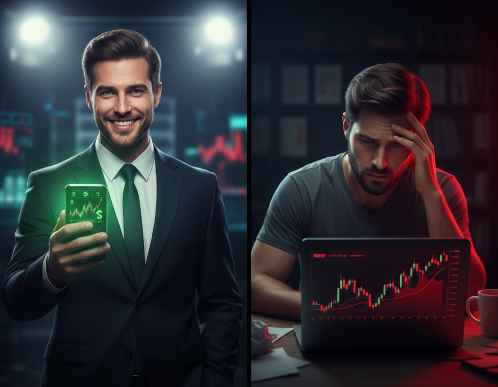 A split image showing a confident crypto influencer holding cash on one side and a stressed investor facing losses on the other, symbolizing why crypto influencer advice is no longer trusted in 2026.