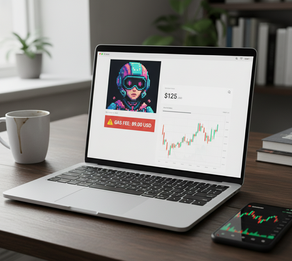 Realistic laptop screen showing NFT purchase page with high Ethereum gas fee compared to NFT price in a home office setting