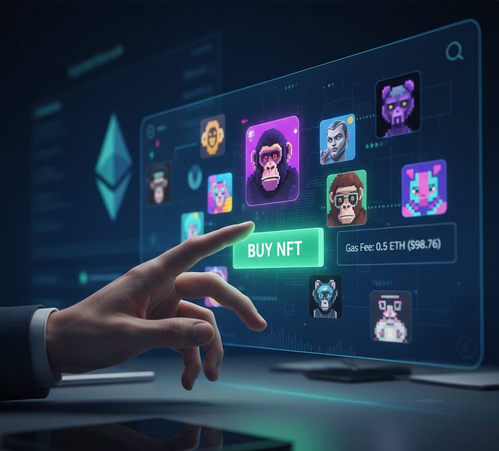 Confused investor looking at NFT marketplace screen with ape and monkey NFTs, green and red price arrows showing volatility in 2026