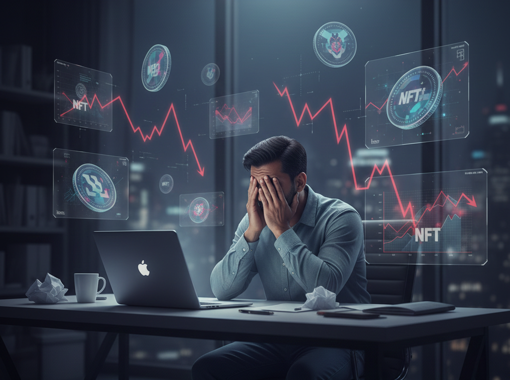 A disappointed NFT investor sitting at a desk and looking at falling NFT prices on a laptop, showing the emotional impact of a costly NFT flipping mistake.