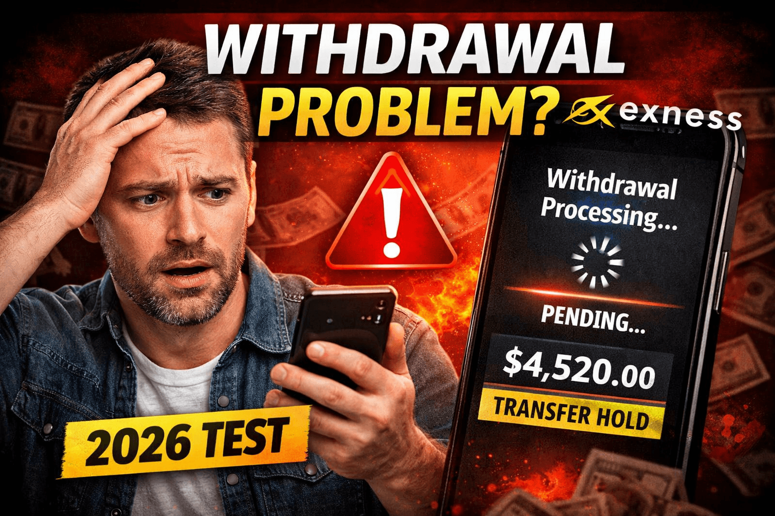 Exness withdrawal problem showing pending transaction on mobile with warning sign and stressed trader