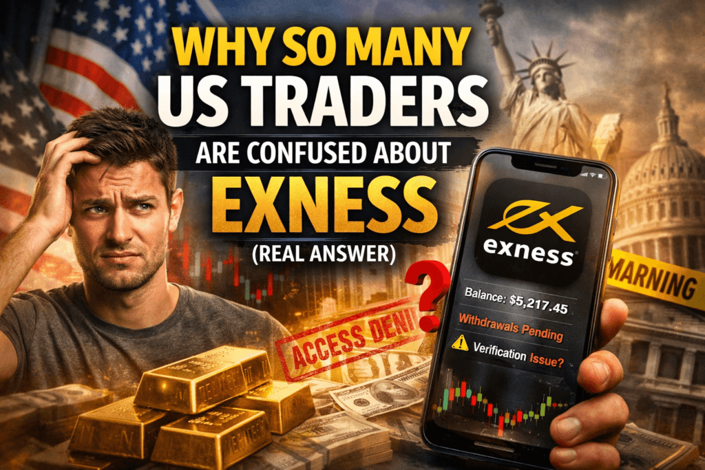 Confused US trader looking at Exness app with warning signs, gold bars and forex charts showing risks of using Exness in the United States