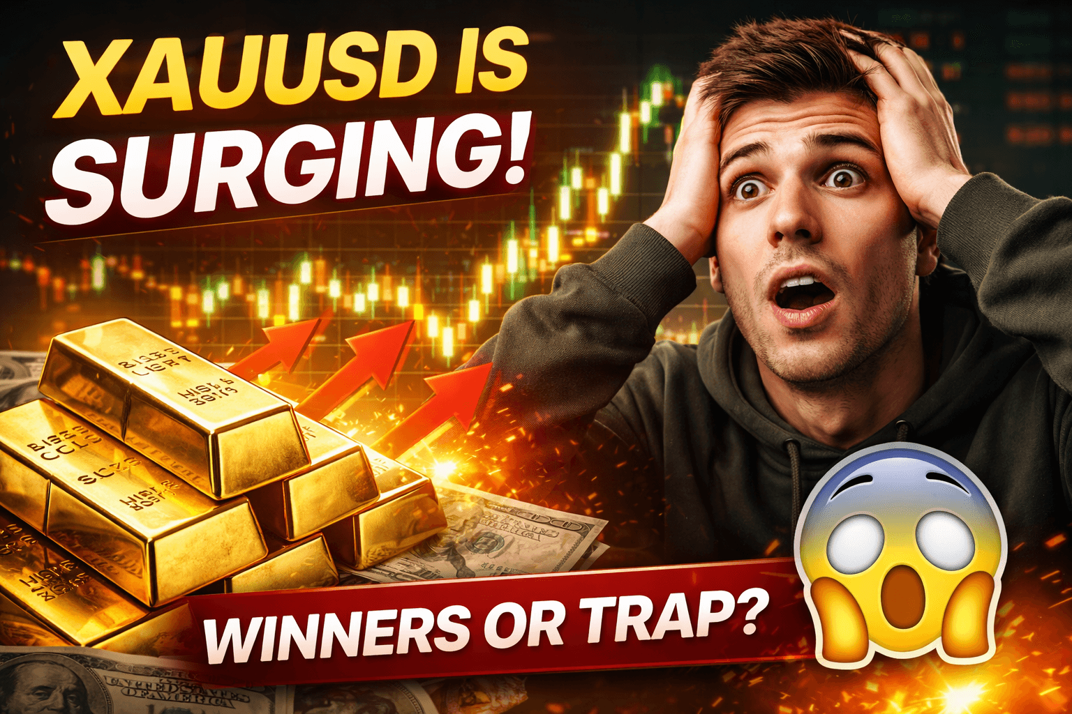 XAUUSD gold price surge 2026 forex trader analyzing charts on laptop with market growth signals