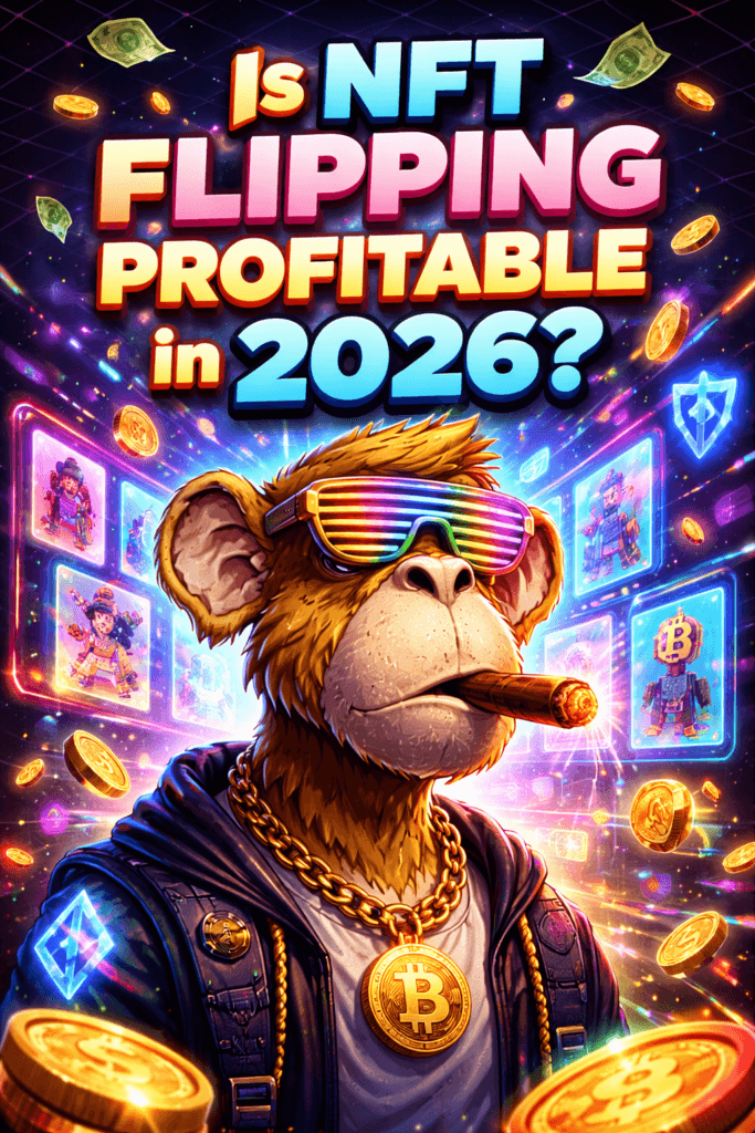 NFT flipping profitability in 2026 with ape artwork showing crypto trading and digital assets