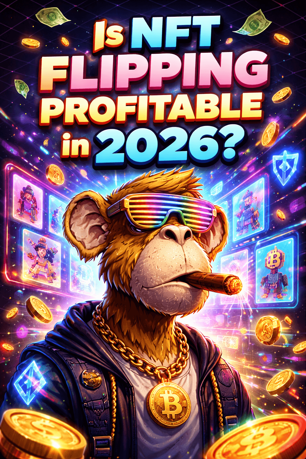 NFT flipping profitability in 2026 with ape artwork showing crypto trading and digital assets