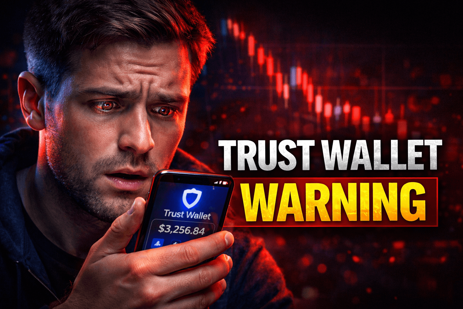 Trust Wallet warning concept showing a shocked man looking at crypto losses on phone with crashing market chart in background
