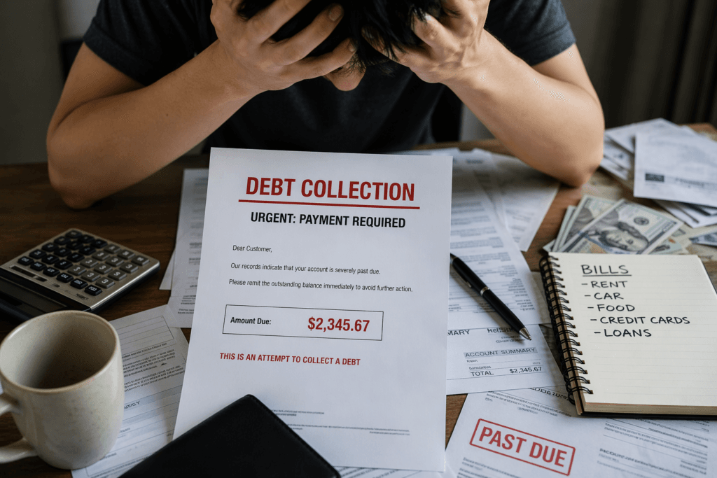 Debt collection letter showing overdue payment notice with stressed person reviewing bills and financial documents