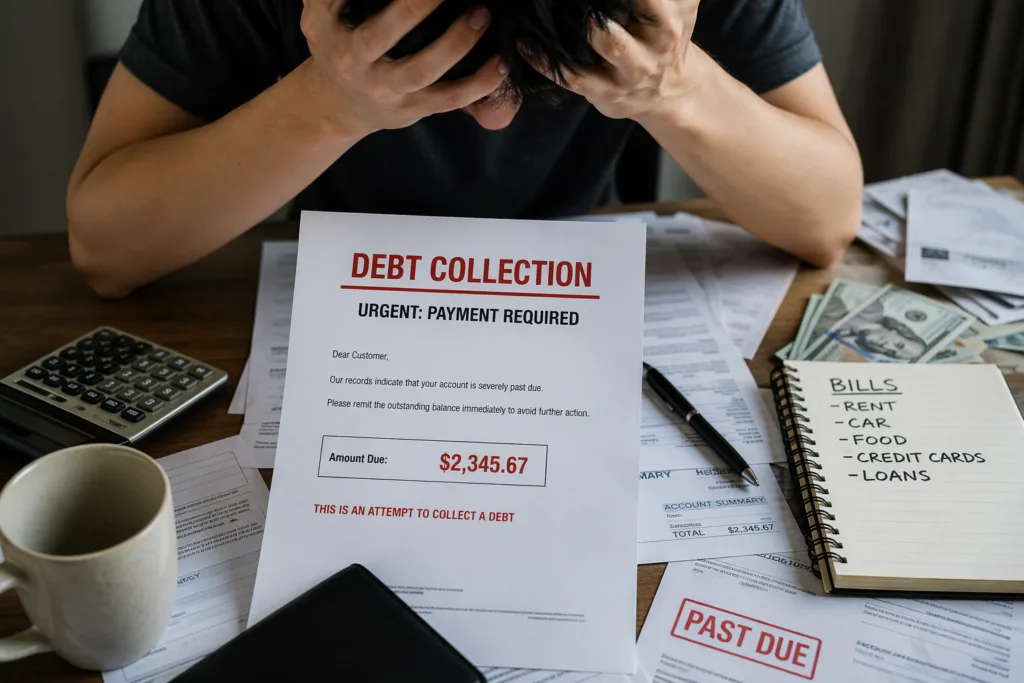 Debt collection letter showing overdue payment notice with stressed person reviewing bills and financial documents