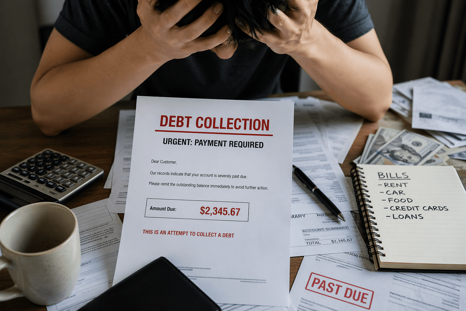 Debt collection letter showing overdue payment notice with stressed person reviewing bills and financial documents
