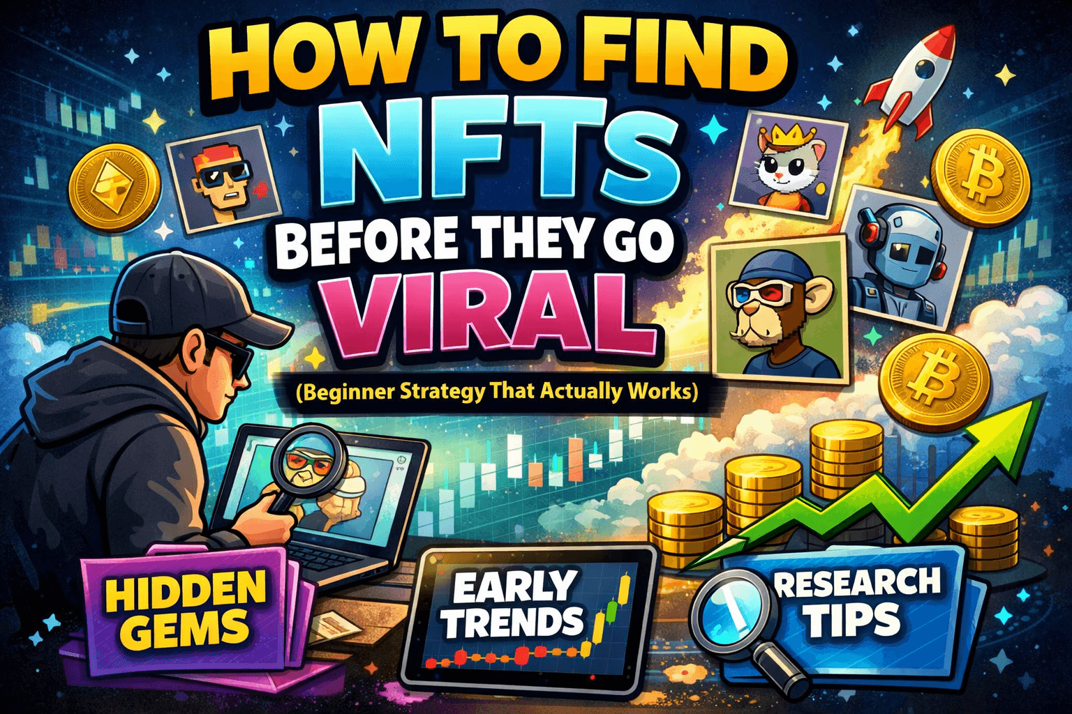 How to find NFTs before they go viral showing beginner strategy, hidden gems, early trends, and research tips illustration