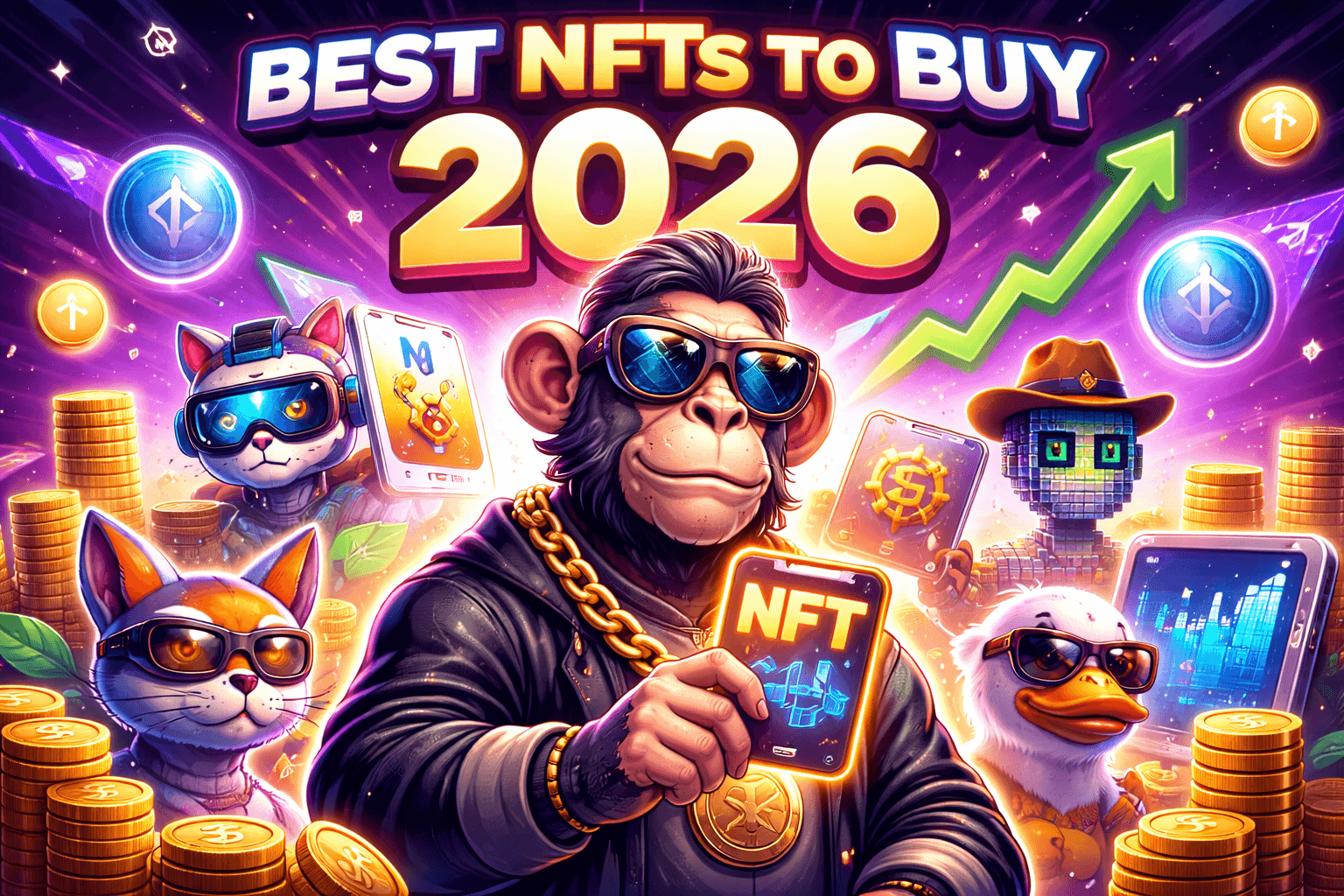 Best NFTs to buy in 2026 with ape NFT artwork showing crypto profits and trading growth