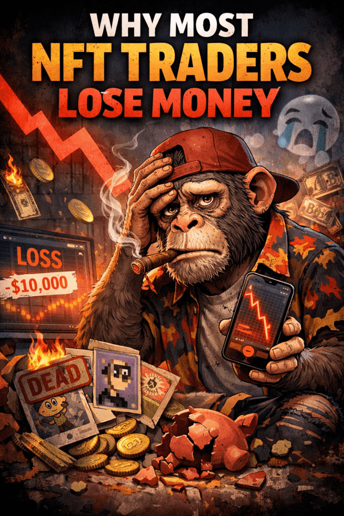 NFT traders losing money in 2026 with ape artwork showing crypto losses and failed NFT investments