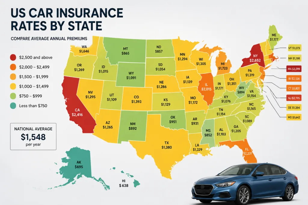 Cheapest states for car insurance in 2026 — ranked by average annual full coverage premium