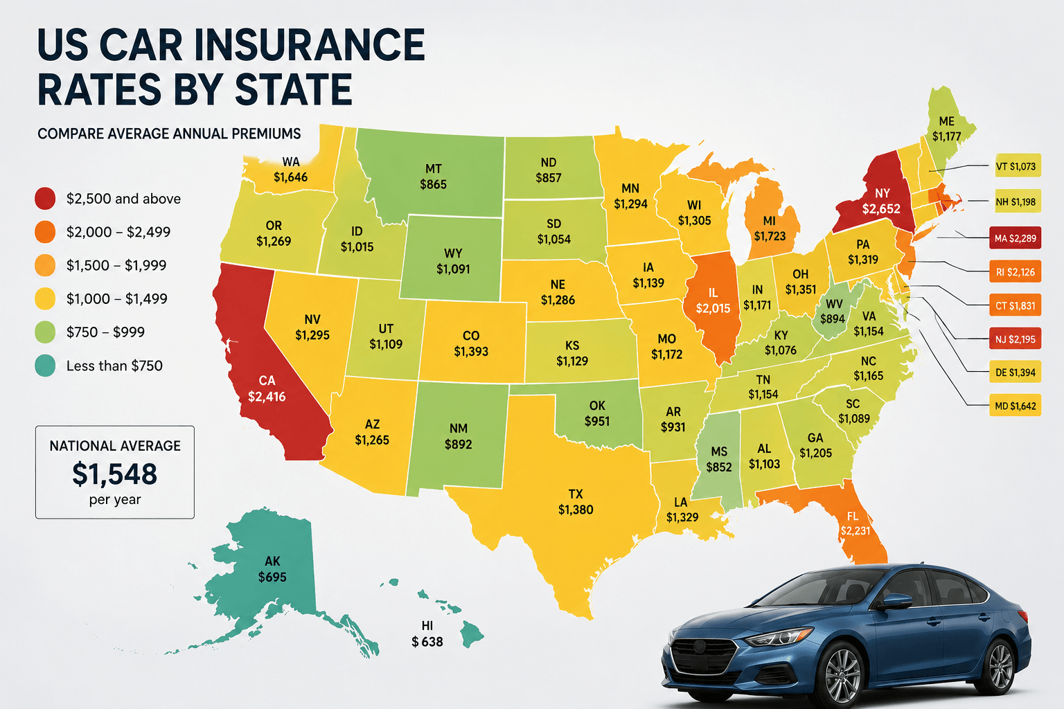 Cheapest states for car insurance in 2026 — ranked by average annual full coverage premium