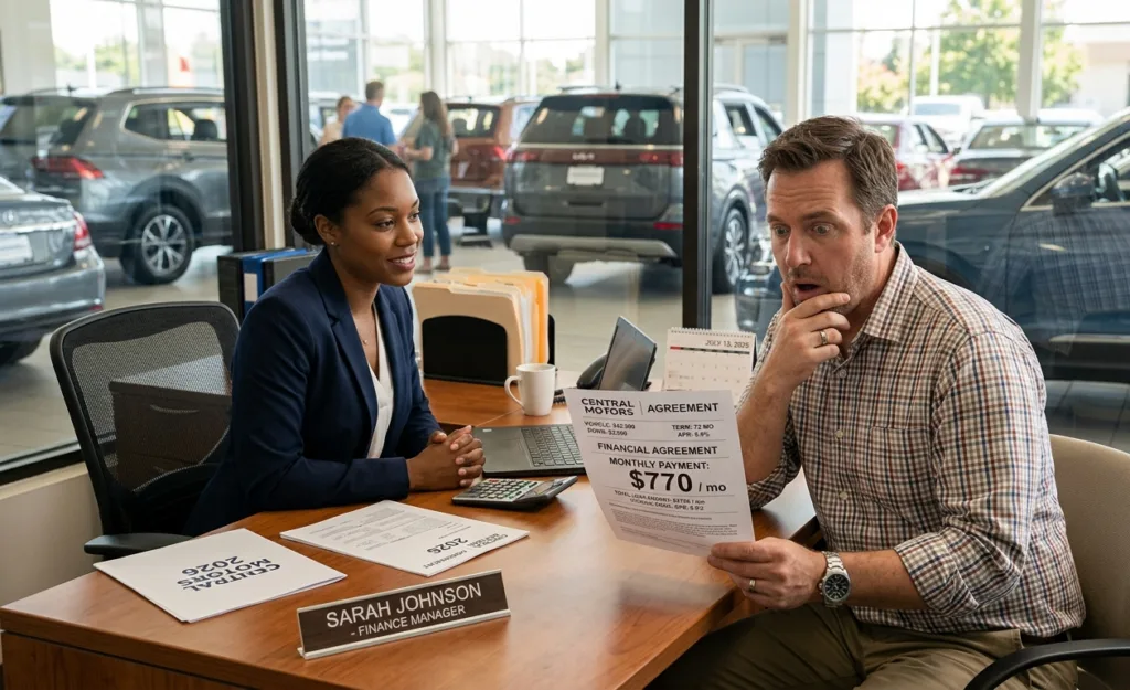 Shocked American car buyer reviewing record high $770 monthly car payment at dealership finance office in 2026