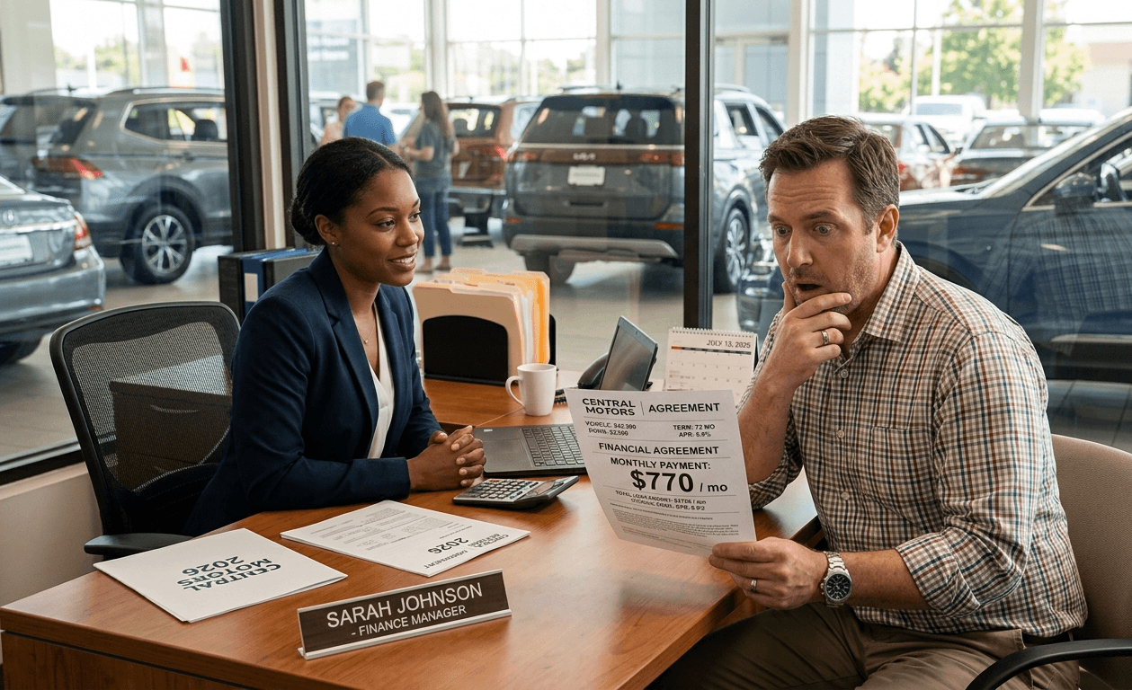 Shocked American car buyer reviewing record high $770 monthly car payment at dealership finance office in 2026