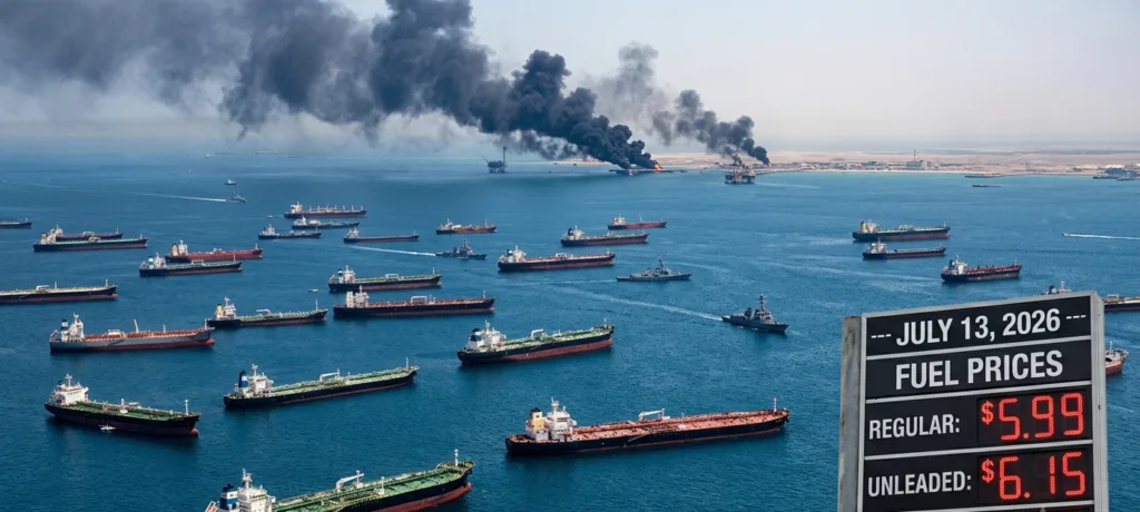 Oil tankers in the Strait of Hormuz as prices spike following US-Iran military strikes July 13 2026