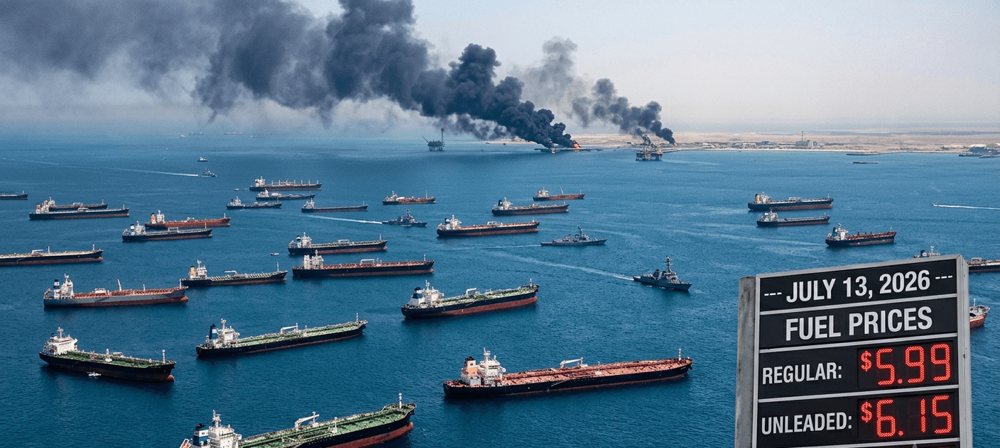 Oil tankers in the Strait of Hormuz as prices spike following US-Iran military strikes July 13 2026