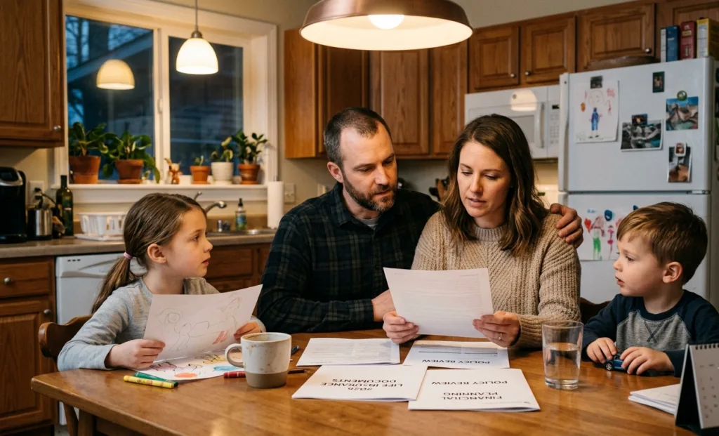 American family reviewing life insurance options at kitchen table in 2026 concerned about coverage gap