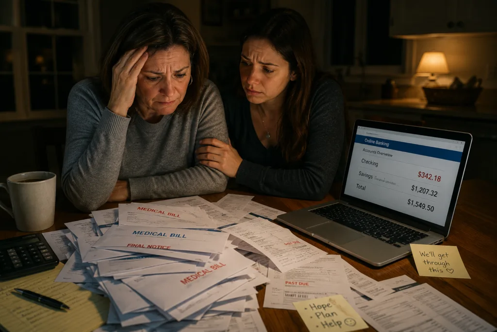 Stressed American woman looking at unpaid medical bills at kitchen table 2026
