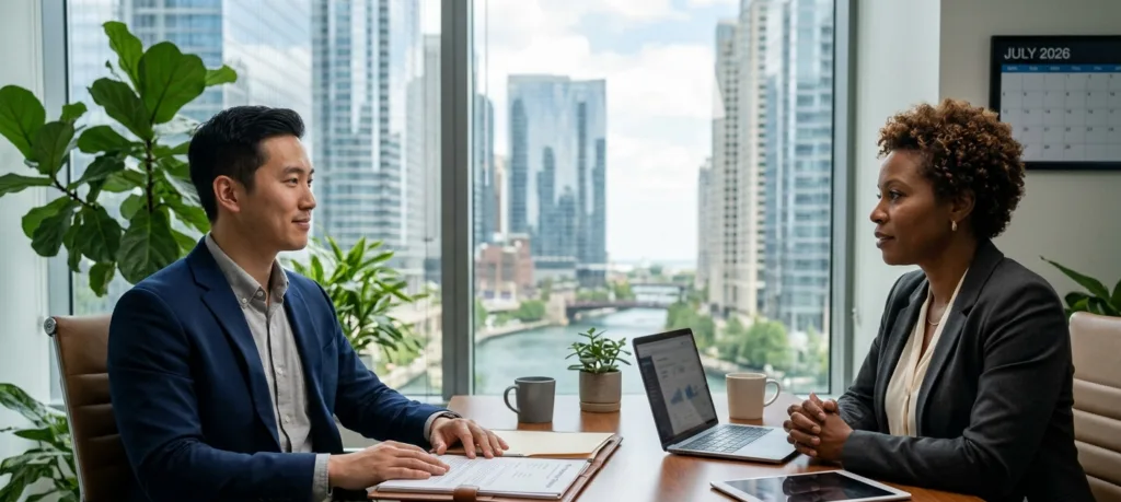 Confident American professional negotiating a salary raise with manager in modern office in 2026