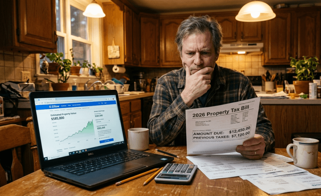 American homeowner reviewing high property tax bill at kitchen table in 2026 with calculator and laptop
