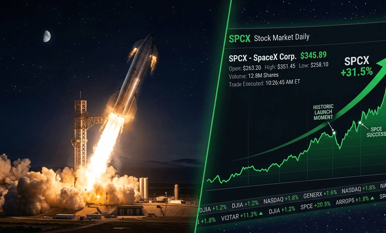 SpaceX rocket launching alongside stock market chart showing SPCX joining Nasdaq-100 on July 7 2026