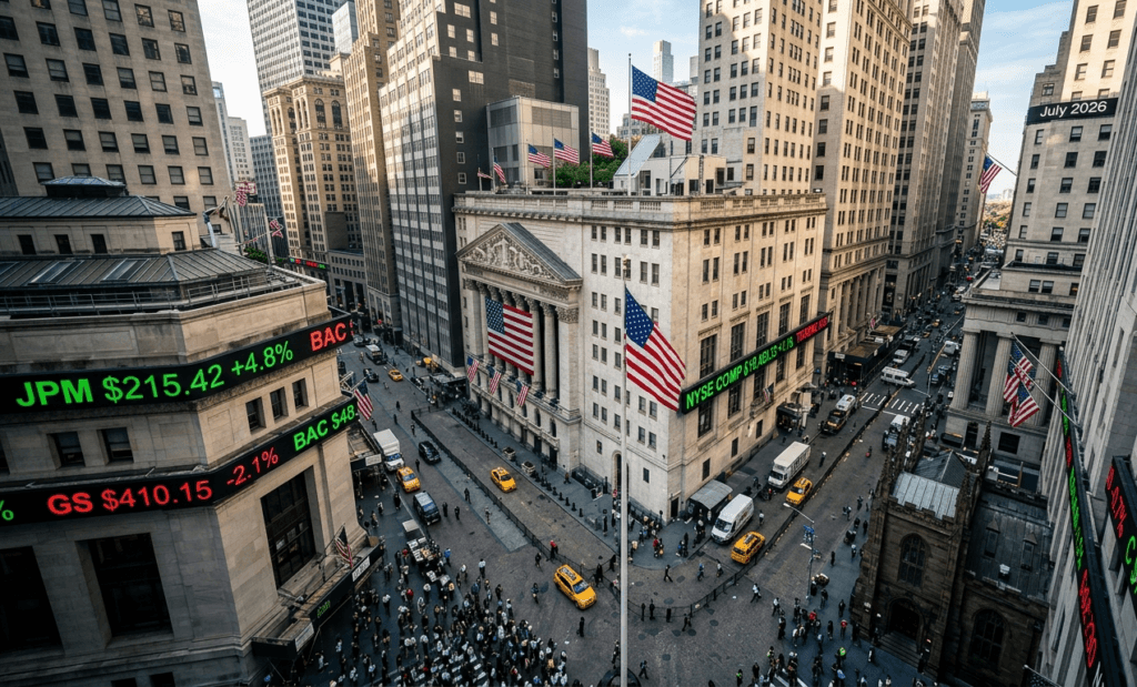 Wall Street New York Stock Exchange ahead of major bank earnings reports July 14 2026