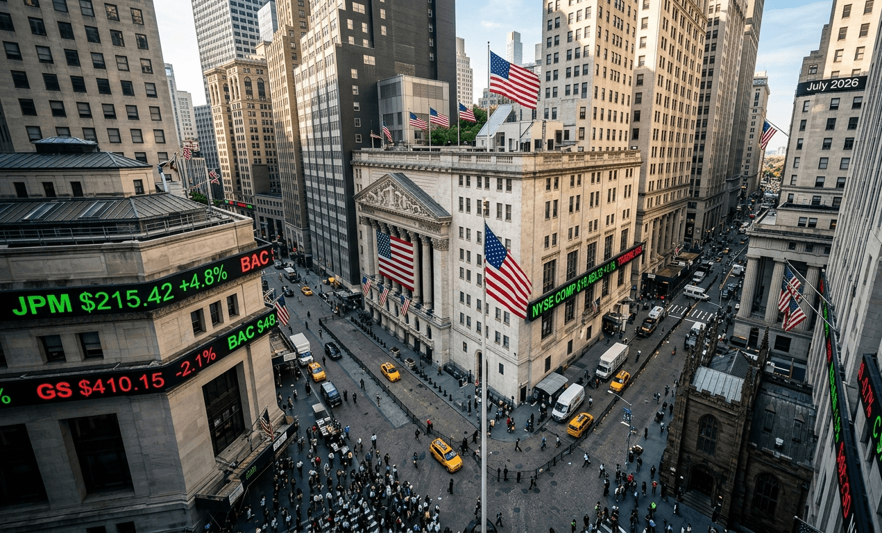 Wall Street New York Stock Exchange ahead of major bank earnings reports July 14 2026