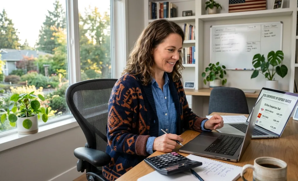American woman comparing best CD rates on laptop in July 2026 at home office desk