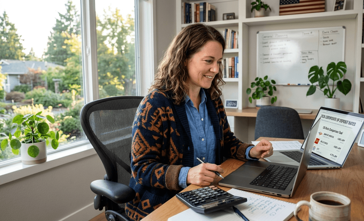 American woman comparing best CD rates on laptop in July 2026 at home office desk