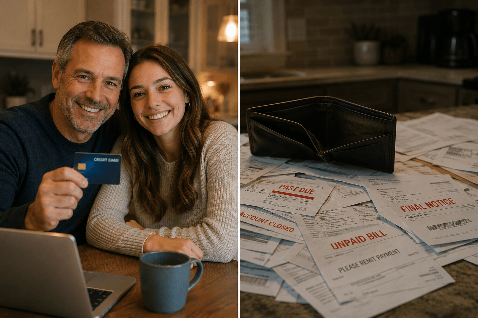 American holding credit card confidently while bills pile up on kitchen table in 2026
