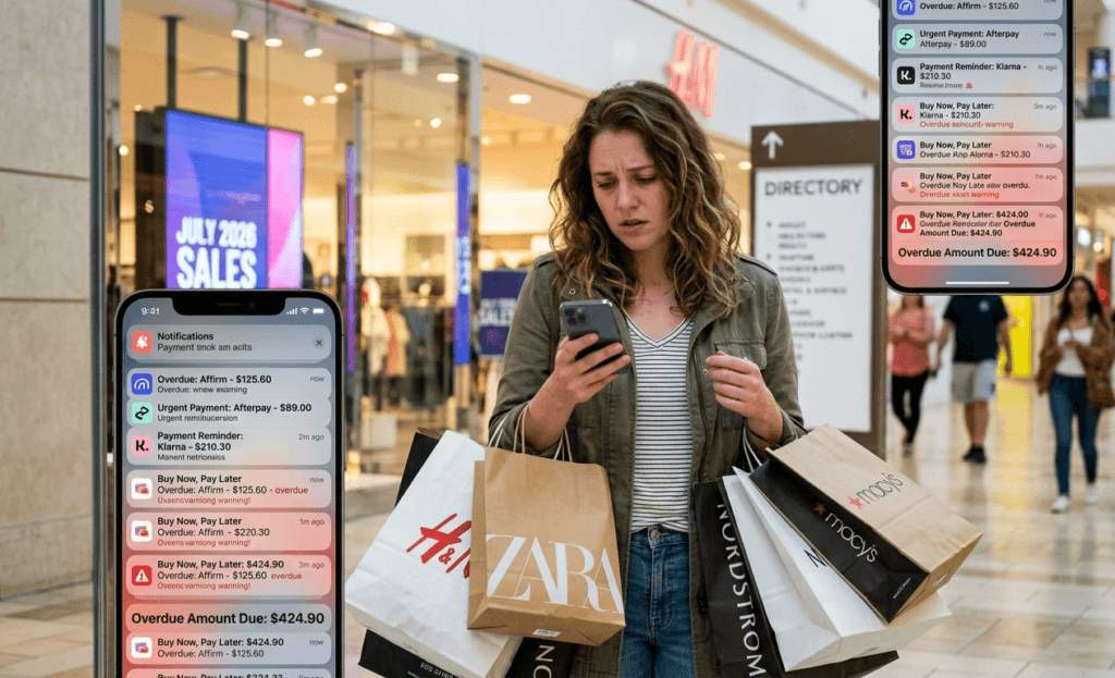 Young American woman stressed over multiple Buy Now Pay Later payment notifications on phone in 2026