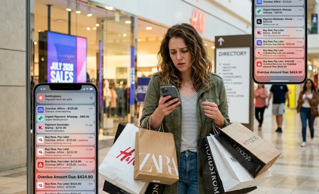 Young American woman stressed over multiple Buy Now Pay Later payment notifications on phone in 2026