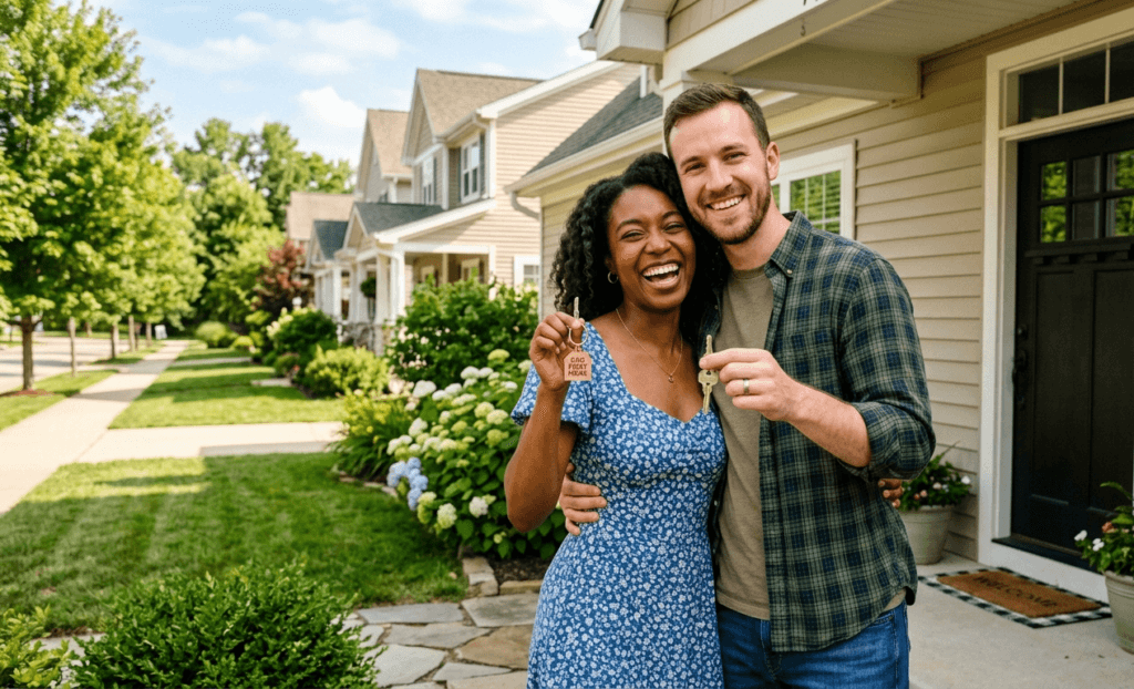 Happy young American couple holding house keys in front of their first home bought with no money down in 2026