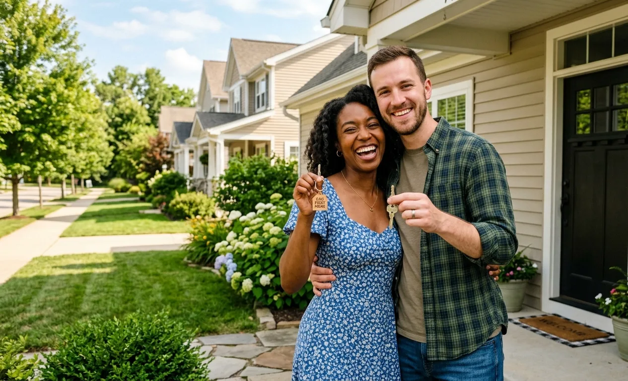 Happy young American couple holding house keys in front of their first home bought with no money down in 2026