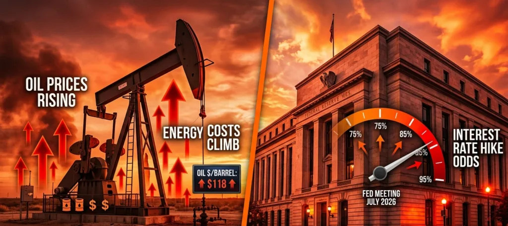 Federal Reserve building alongside oil price chart showing rate hike odds surging in July 2026