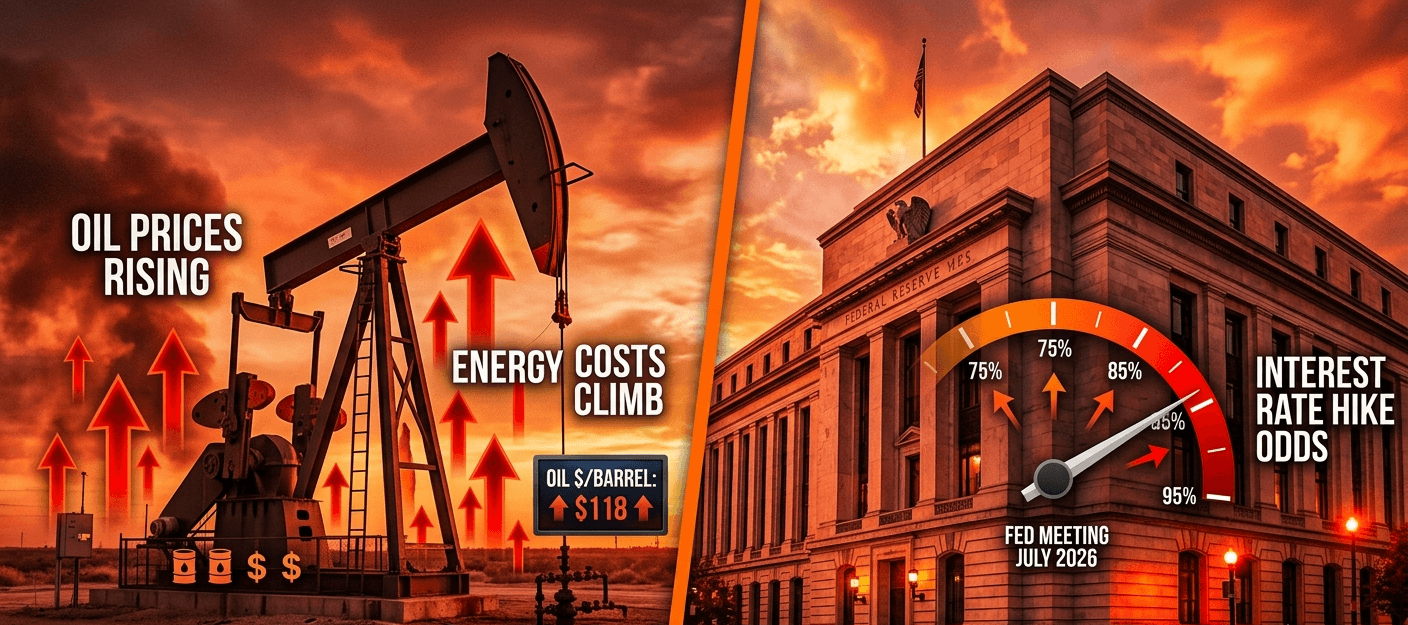 Federal Reserve building alongside oil price chart showing rate hike odds surging in July 2026