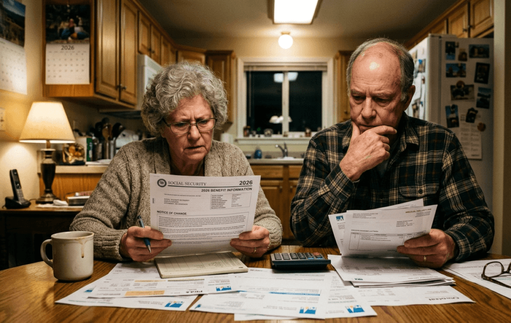 Worried American senior couple reviewing Social Security benefit cut notices at kitchen table 2026