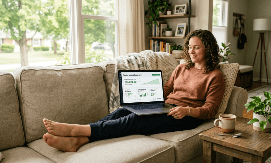 American woman reviewing passive income dashboard on laptop relaxed at home in 2026