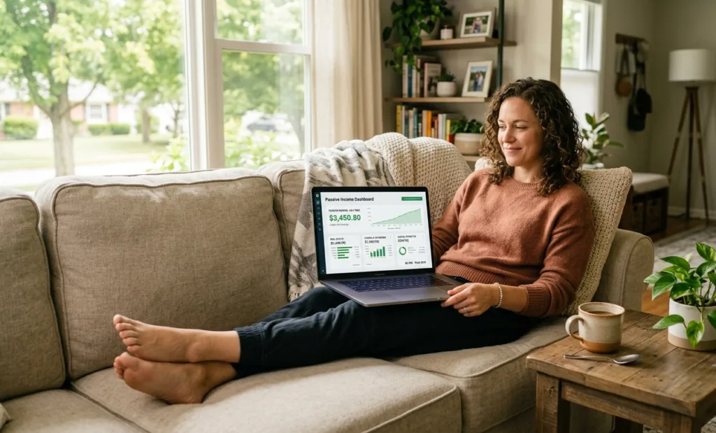 American woman reviewing passive income dashboard on laptop relaxed at home in 2026